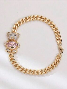 18K Gold Plated Teddy Bear Bracelet Pink Crystal Pavé Chunky Chain 7” Luxury